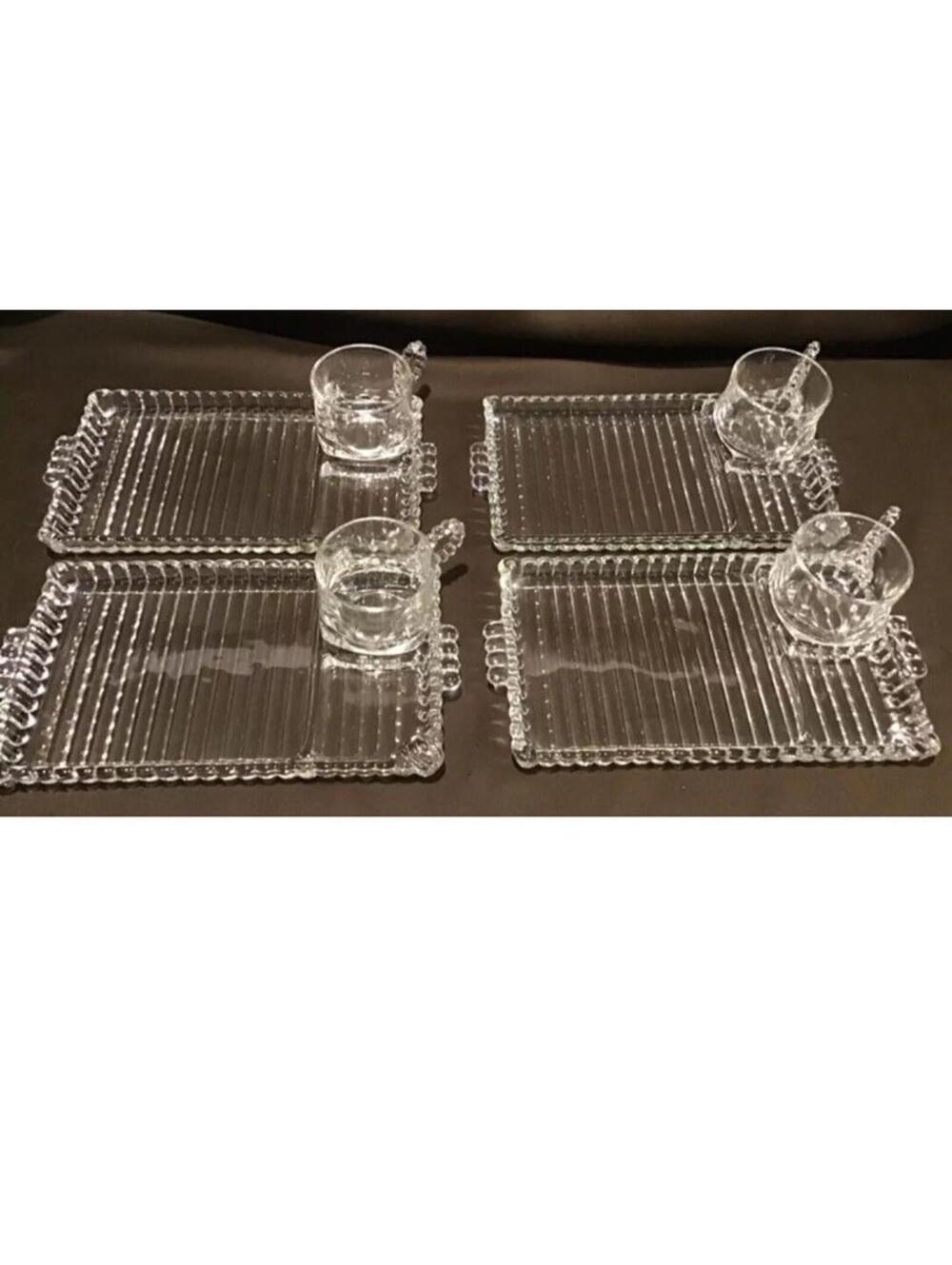 Set of 4 Clear Glass Serving Trays with Matching Cups